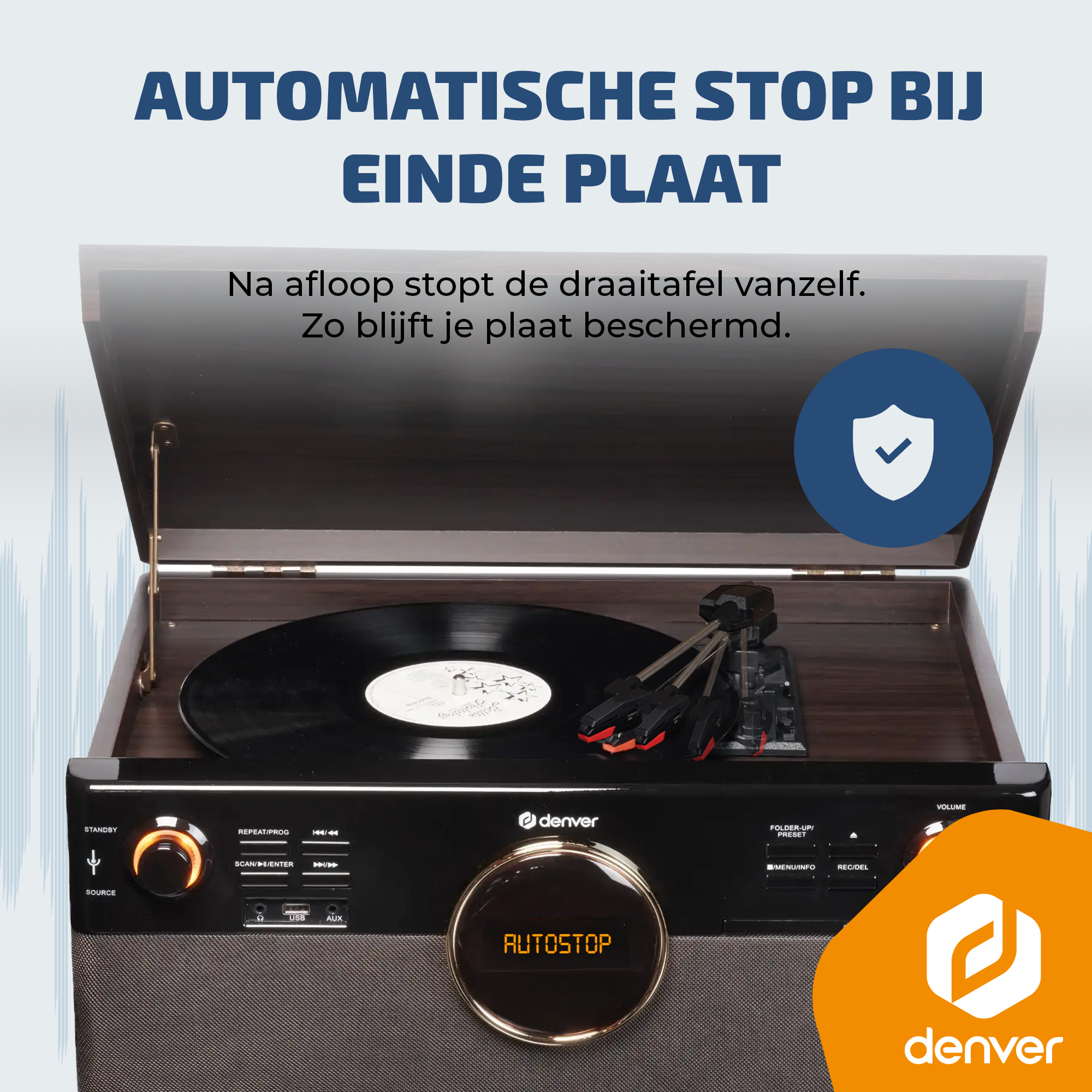 Een platenspeler met automatische stopfunctie.