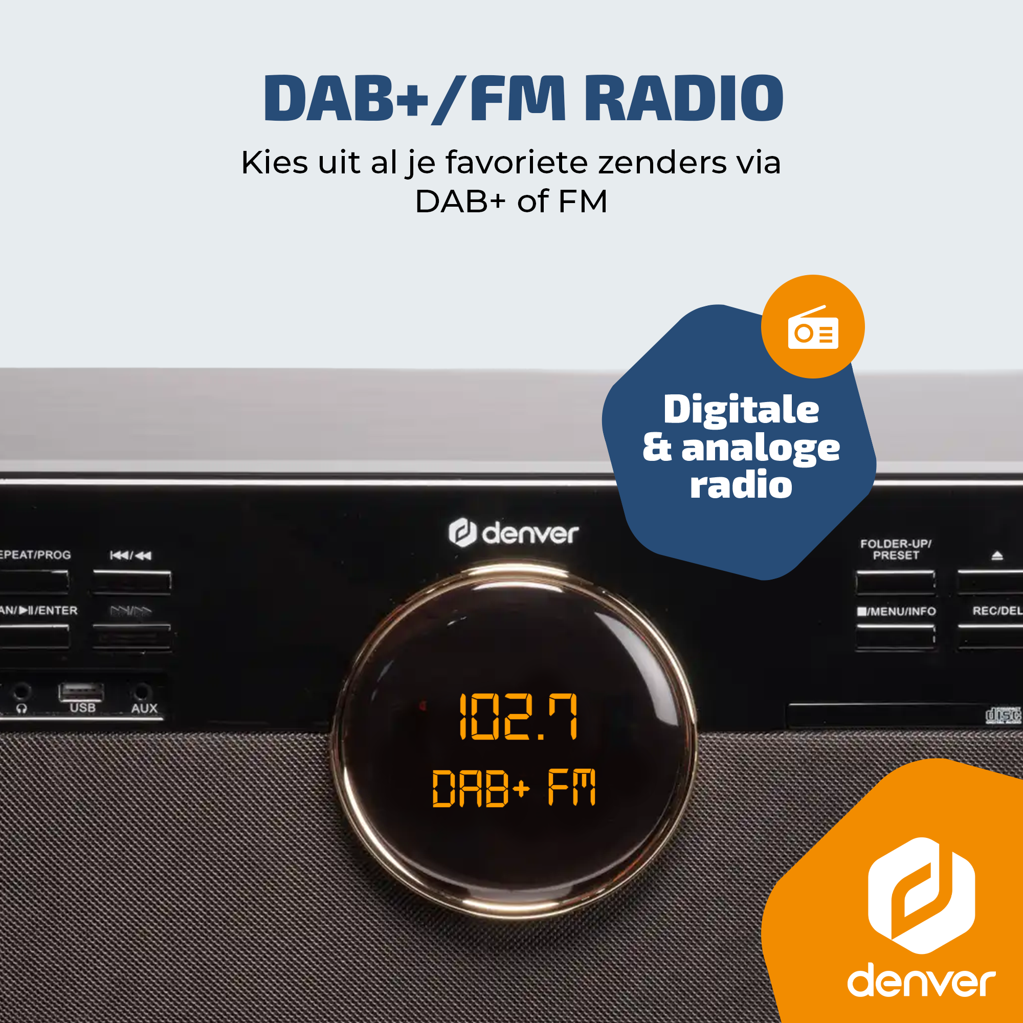 Een Denver DAB+/FM radio met digitaal display toont 102.7.