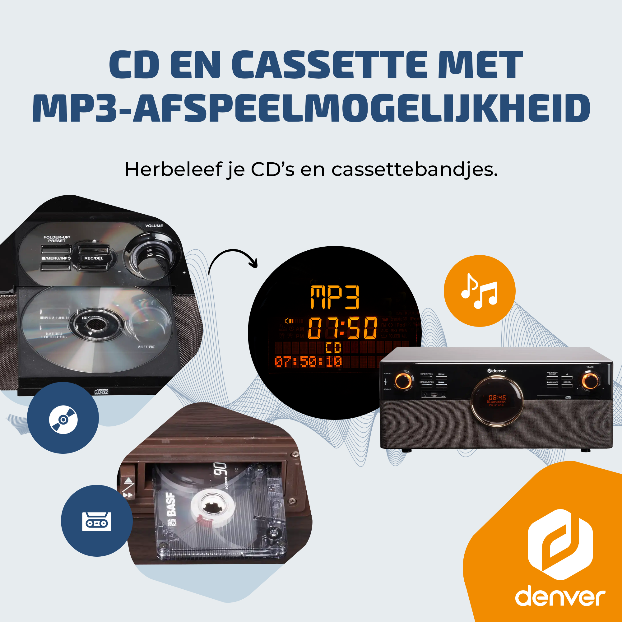 Een stereo met CD- en cassettespeler, MP3-weergave en Bluetooth.