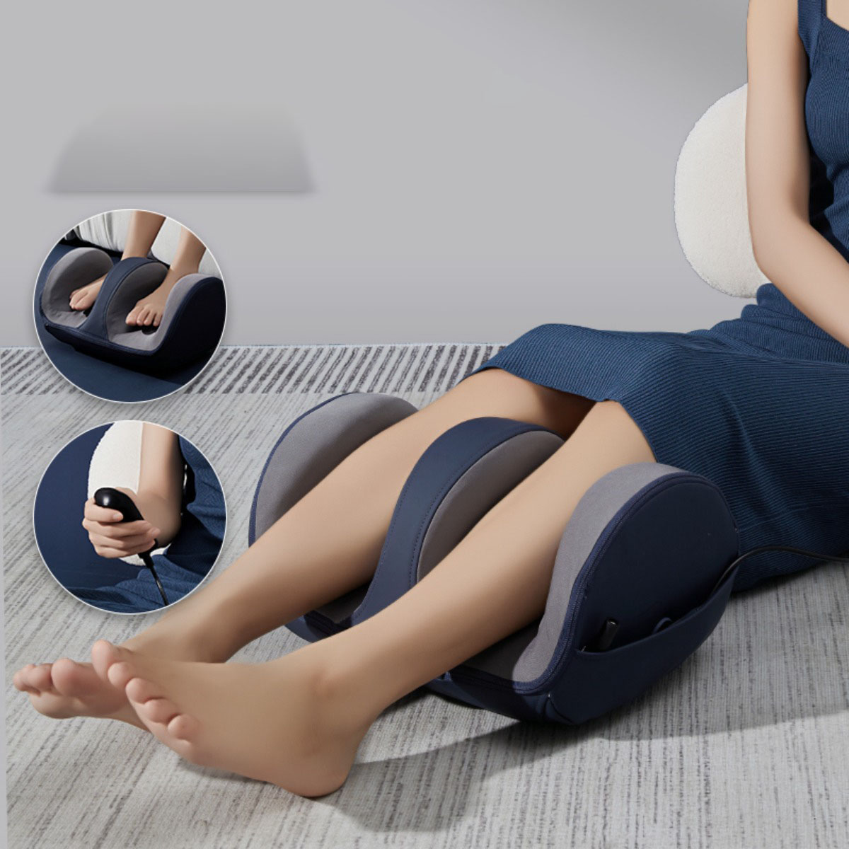 Donna usa un massaggiagambe blu, con primi piani di piedi e telecomando.