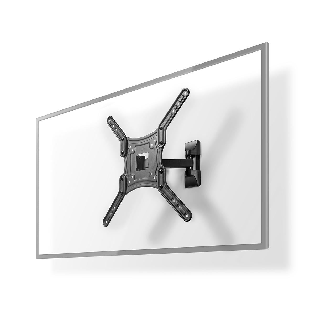 Un support mural TV noir est fixé à un téléviseur blanc.