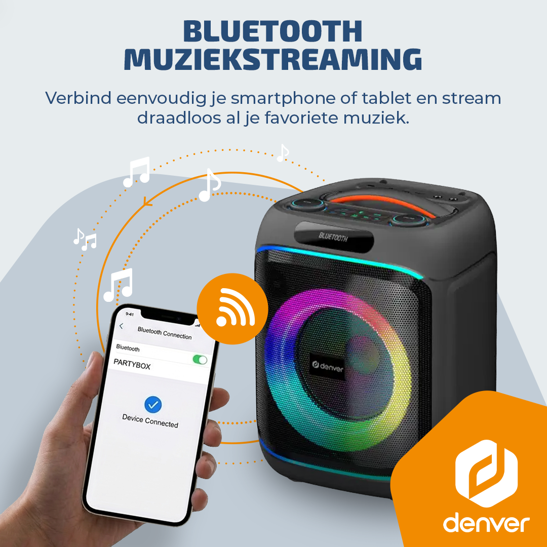 Ein Smartphone verbindet sich mit einem bunten Bluetooth-Lautsprecher.
