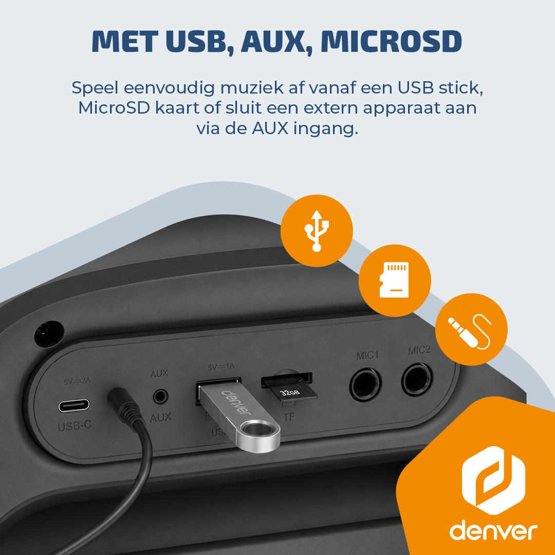 Nahaufnahme von Anschlüssen: USB, AUX, TF-Karte, Mikrofone. Denver-Logo.