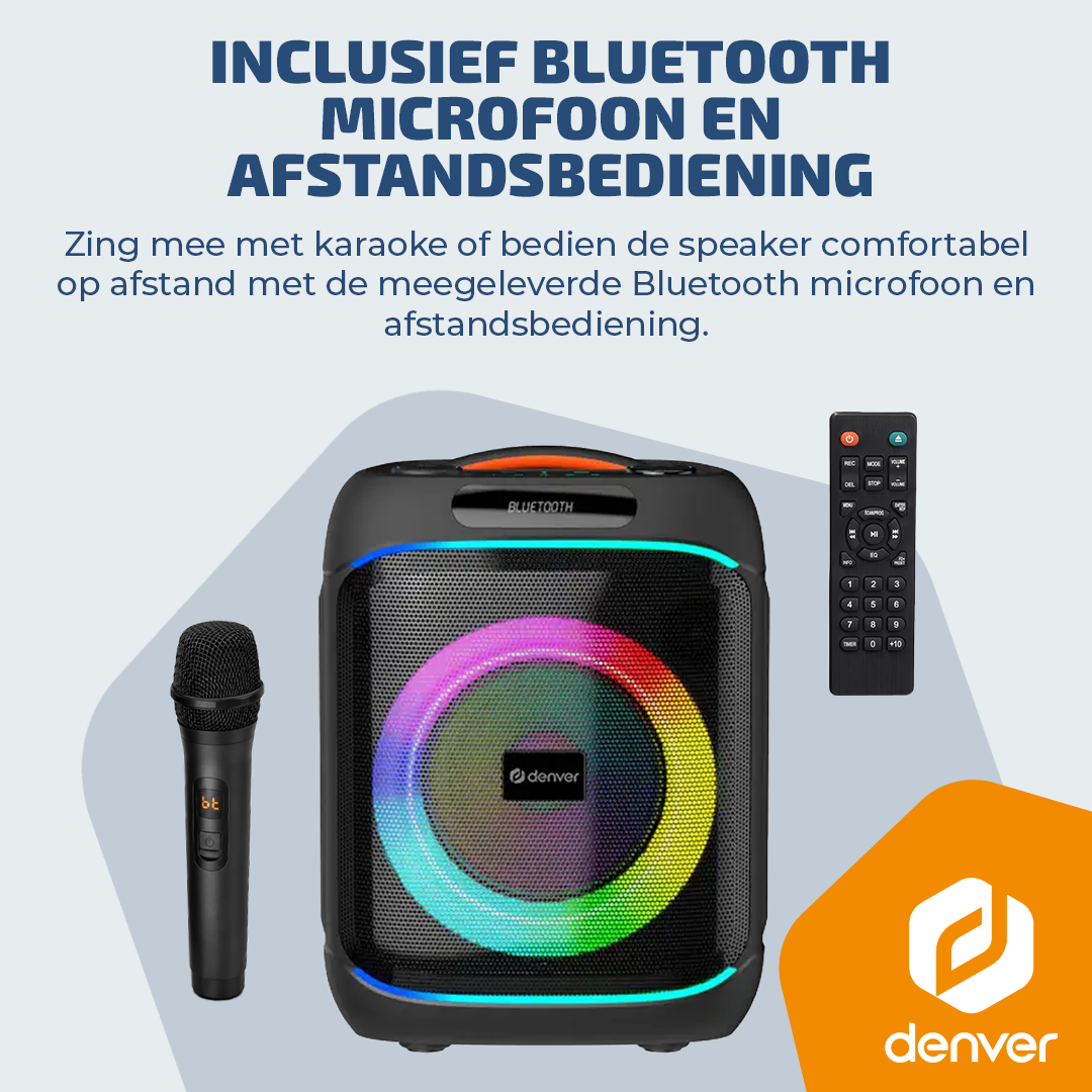 Bluetooth-Lautsprecher mit Mikrofon und Fernbedienung, beleuchtet.