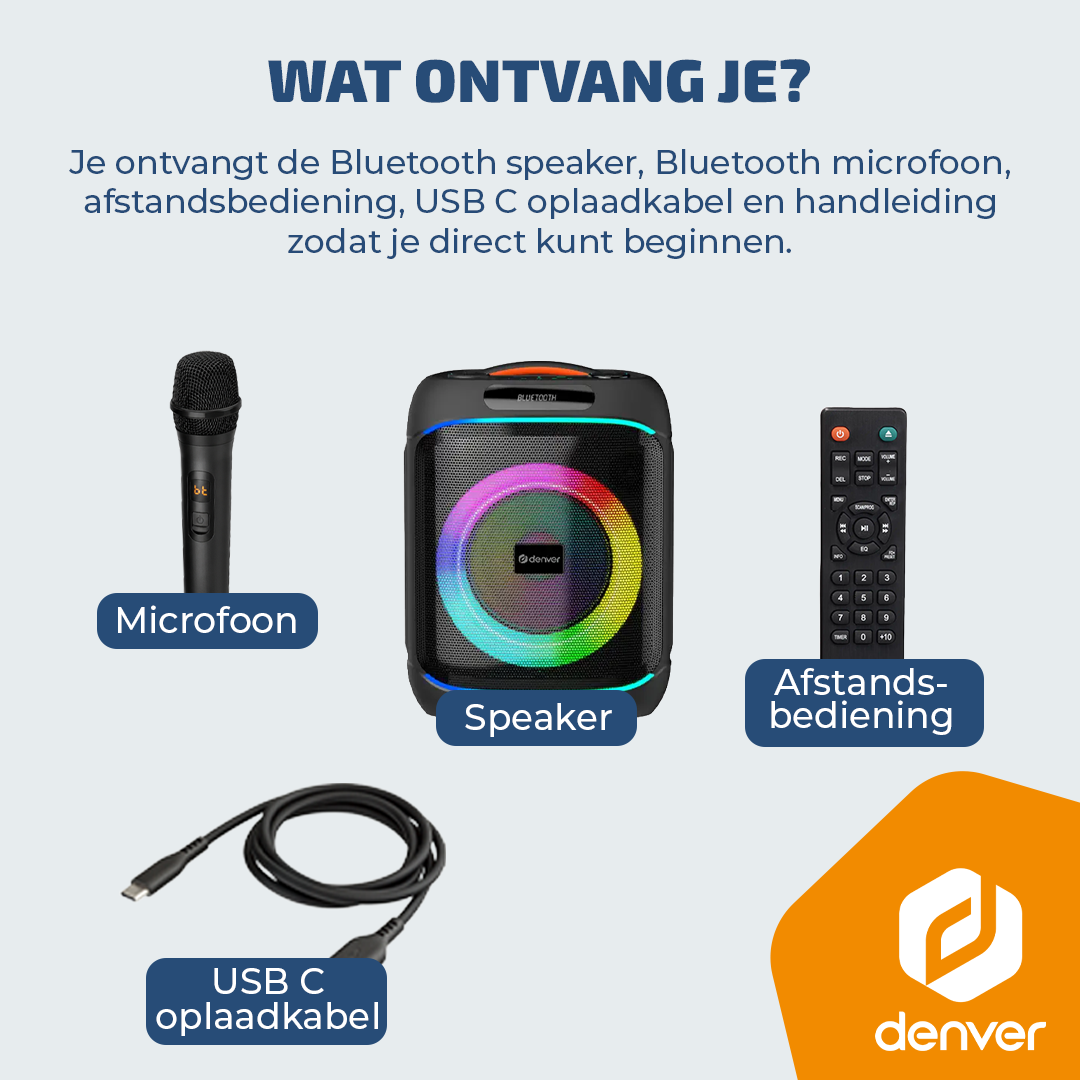 Een microfoon, luidspreker met licht, afstandsbediening en USB-C kabel.