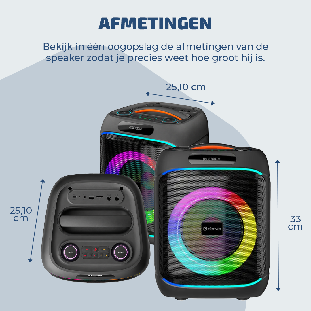 Drei Bluetooth-Lautsprecher mit bunten Lichtern. Maße: 25,10 cm und 33 cm.