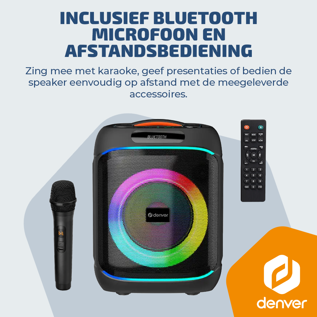 Bluetooth speaker met microfoon en afstandsbediening, verlicht.