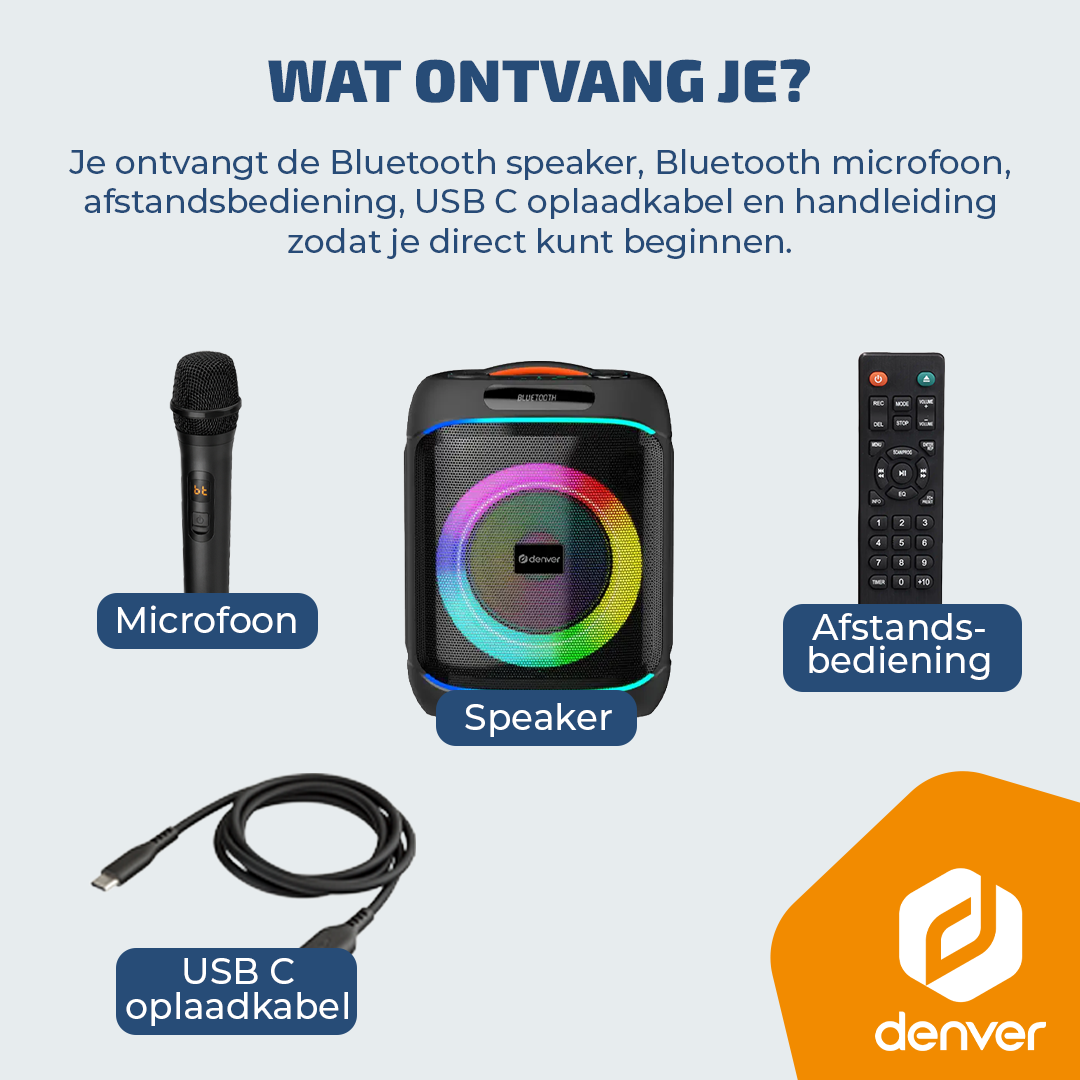 Een microfoon, luidspreker, afstandsbediening en USB-C kabel.