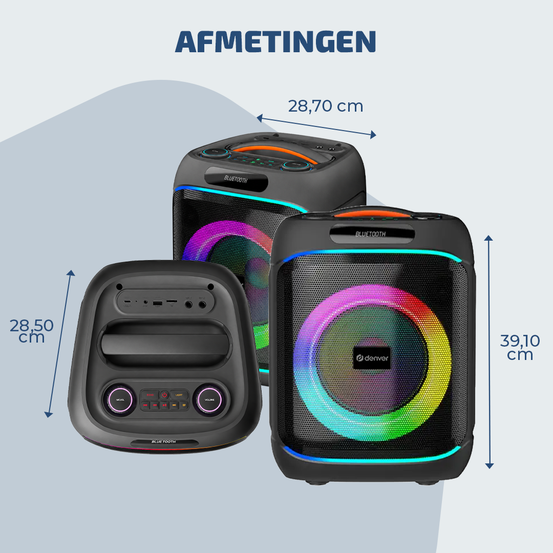 Drie zwarte Bluetooth-luidsprekers, één klein, twee groot, met kleurrijke lichten.
