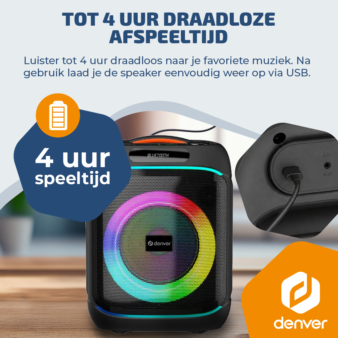 Een draagbare speaker met kleurrijke lichten en USB-oplaadpoort.
