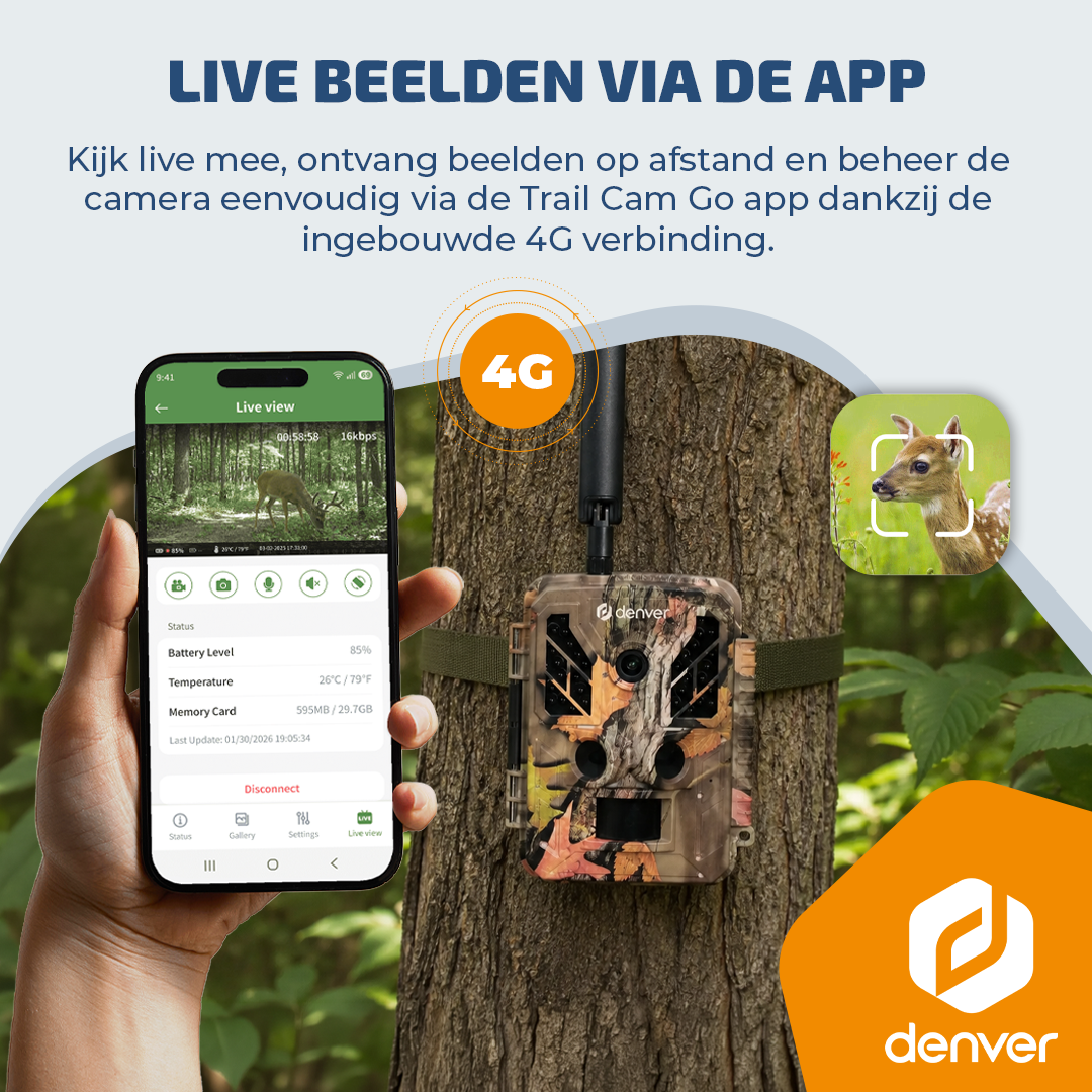 Een wildcamera met 4G-verbinding op een boom, bediend via een smartphone app.