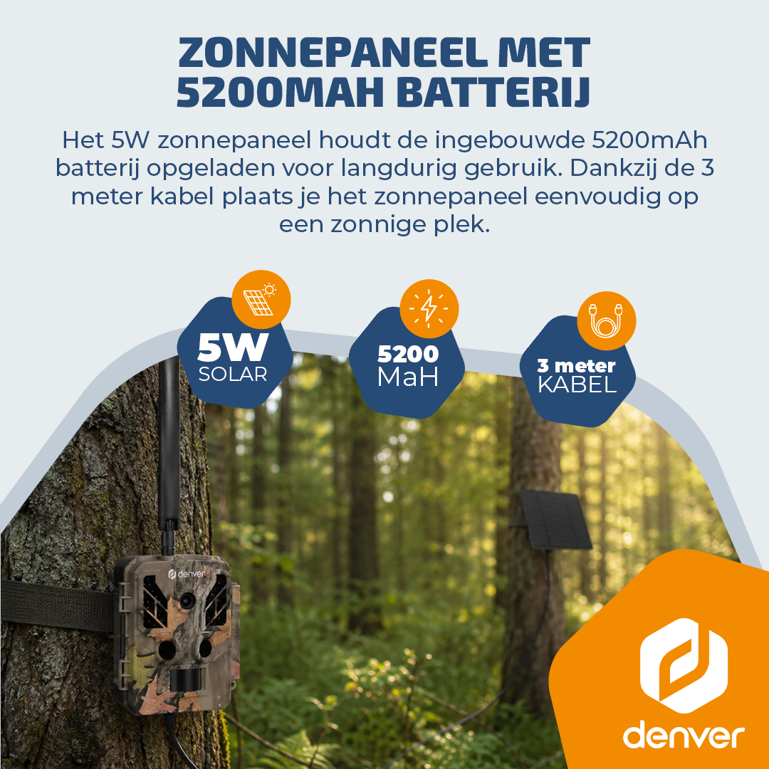 Zonnepaneel 5W, 5200mAh batterij en 3m kabel voor wildcamera in bos.