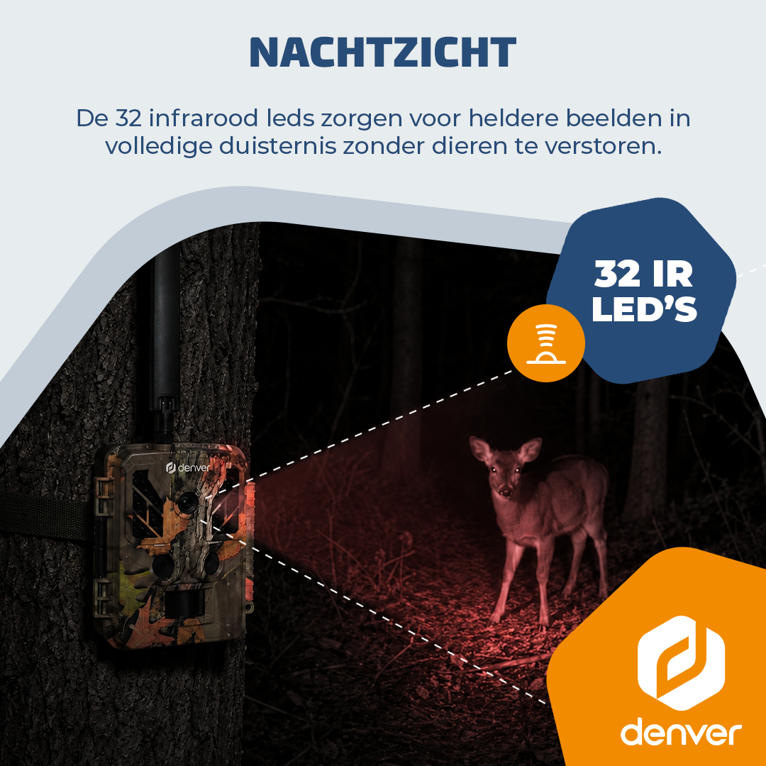 Wildcamera met 32 IR LED's verlicht 's nachts een hert in het bos.