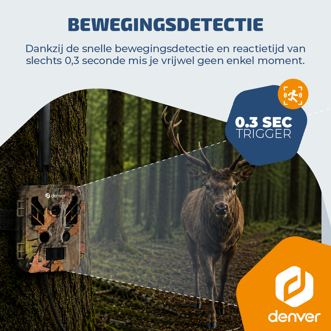 Wildcamera op boom, hert in bos, 0,3 sec trigger. Bewegingsdetectie.