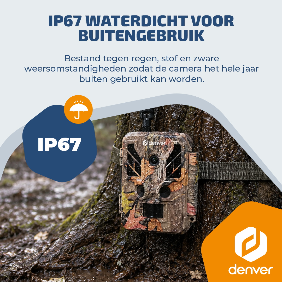 Een waterdichte IP67 camera met camouflagepatroon hangt aan een boom.