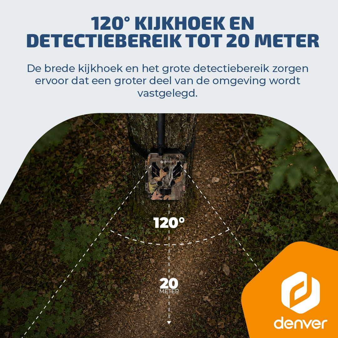 Wildcamera met 120° kijkhoek en 20m bereik, bevestigd aan een boom.