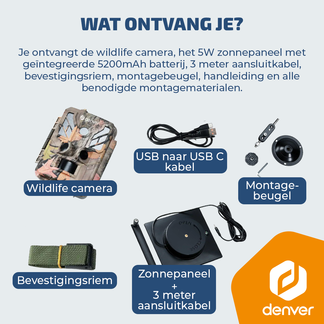 Wildlife camera, zonnepaneel met 3m kabel, USB kabel, riem, montagebeugel.