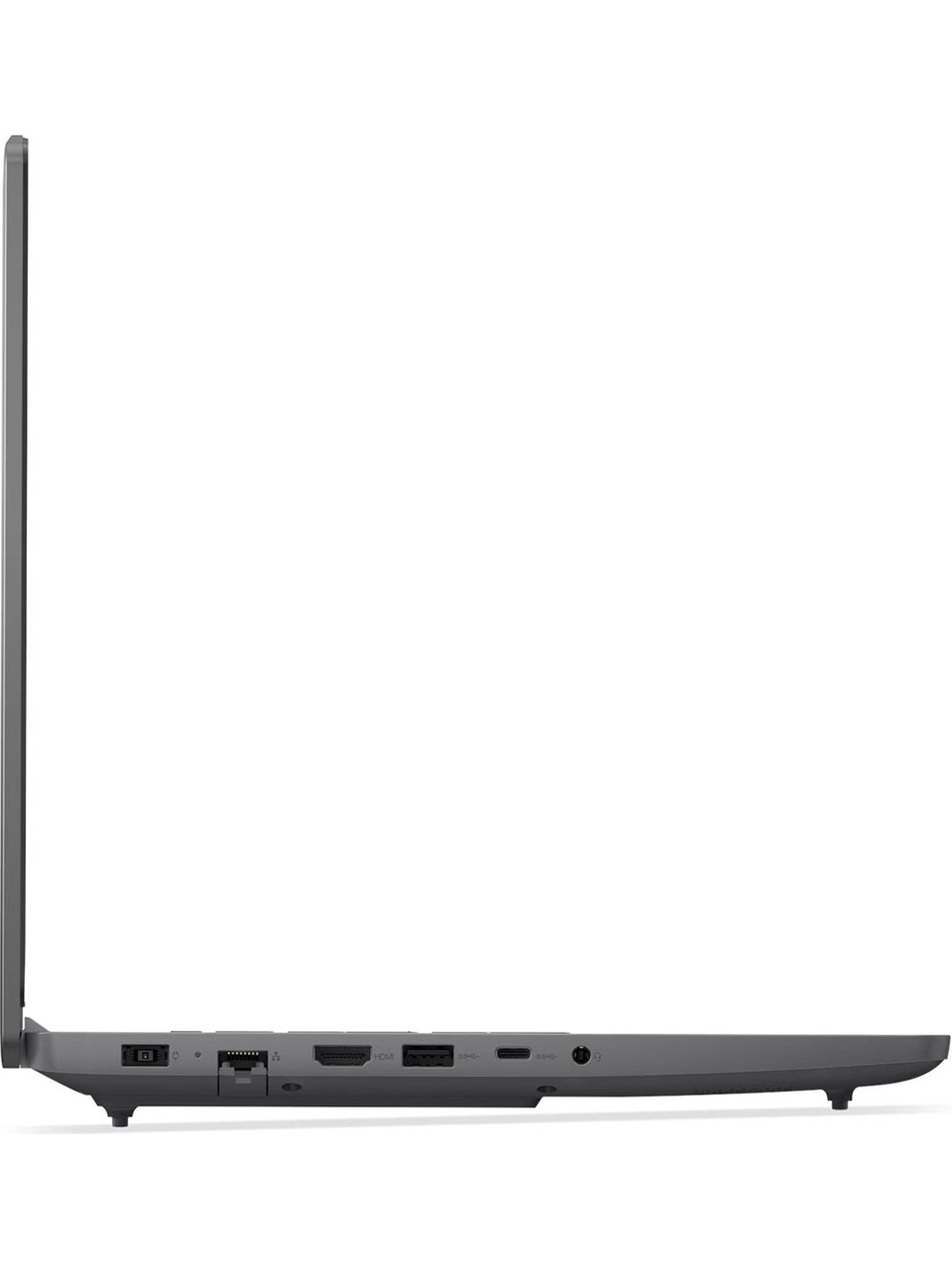 Yan görünüm gri dizüstü bilgisayar, portlar görünüyor: USB-C, HDMI, USB-A.