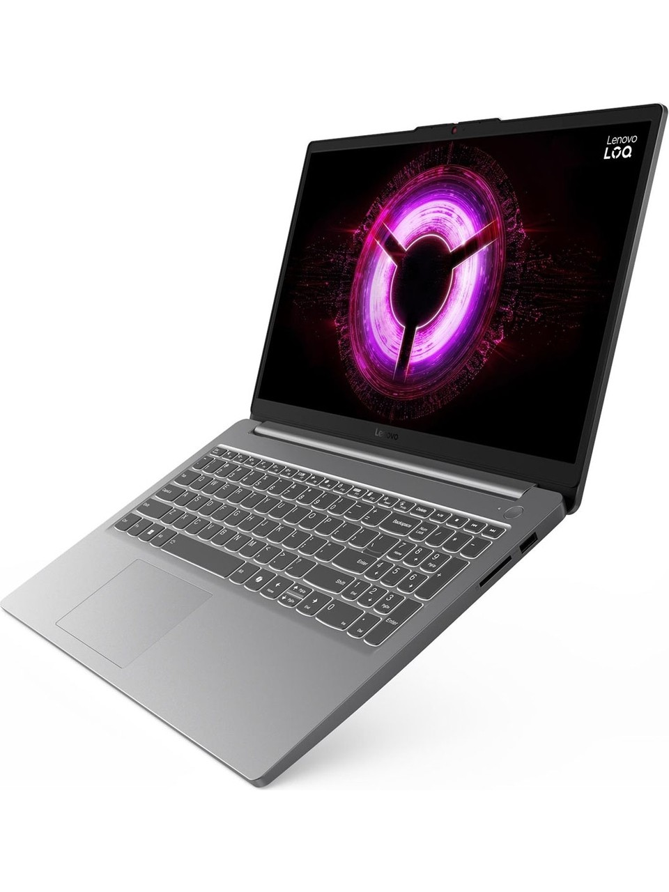 Ekranında canlı mor ve pembe grafik bulunan gümüş renkli bir Lenovo dizüstü bilgisayar.