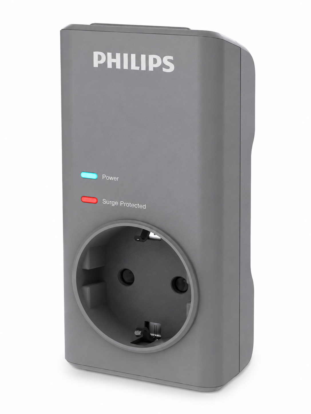 Tek prizli ve iki gösterge ışıklı gri Philips aşırı gerilim koruyucu.