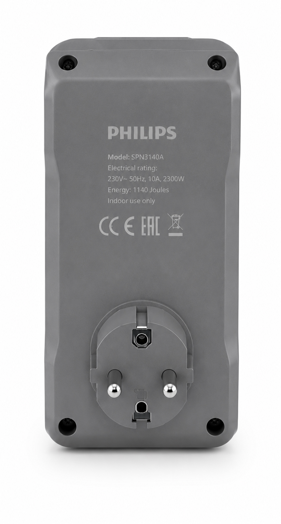 Yazı ve elektrik fişi olan gri Philips fiş adaptörü.