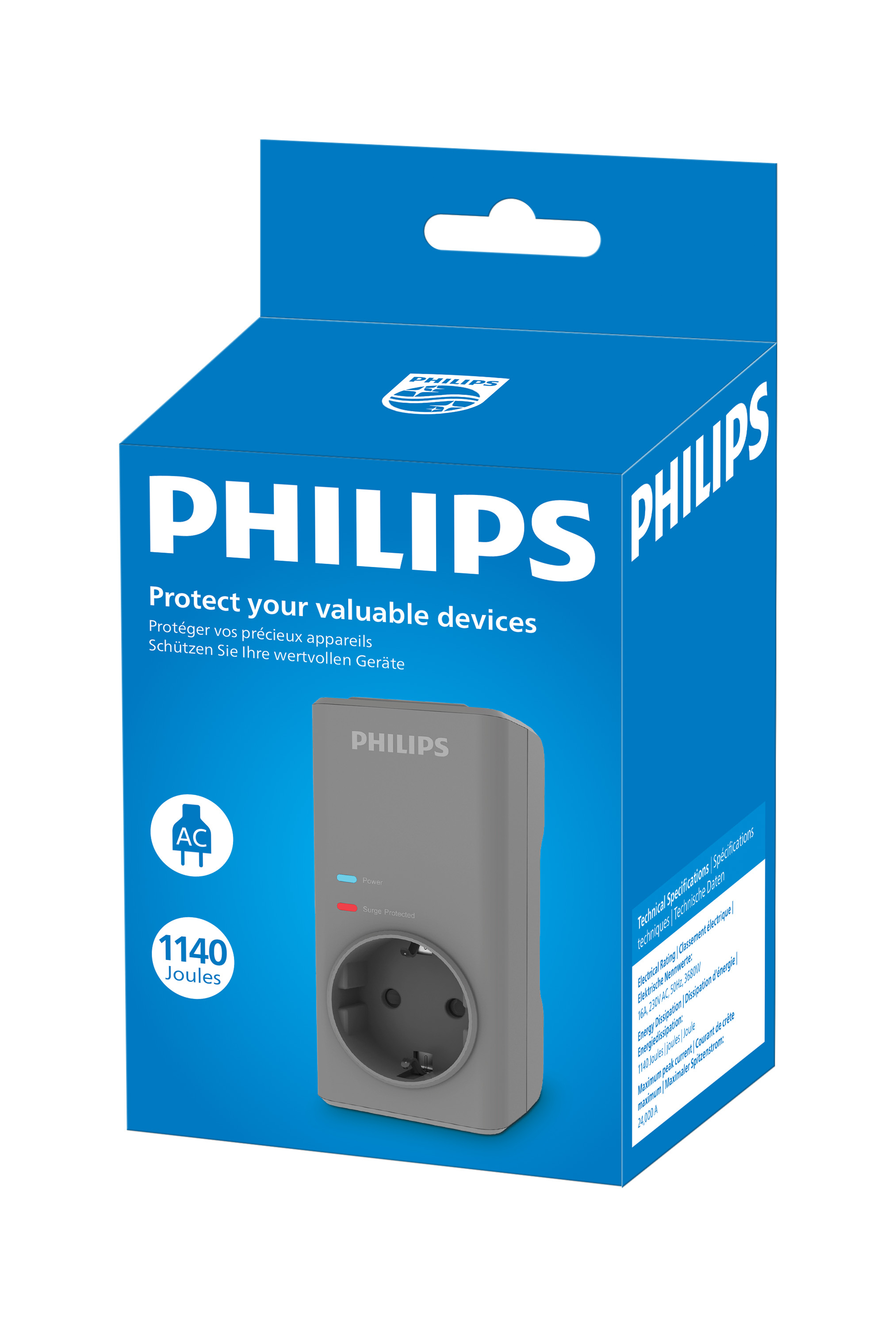 Philips aşırı gerilim koruyucu: gri cihazlı mavi-beyaz kutu.