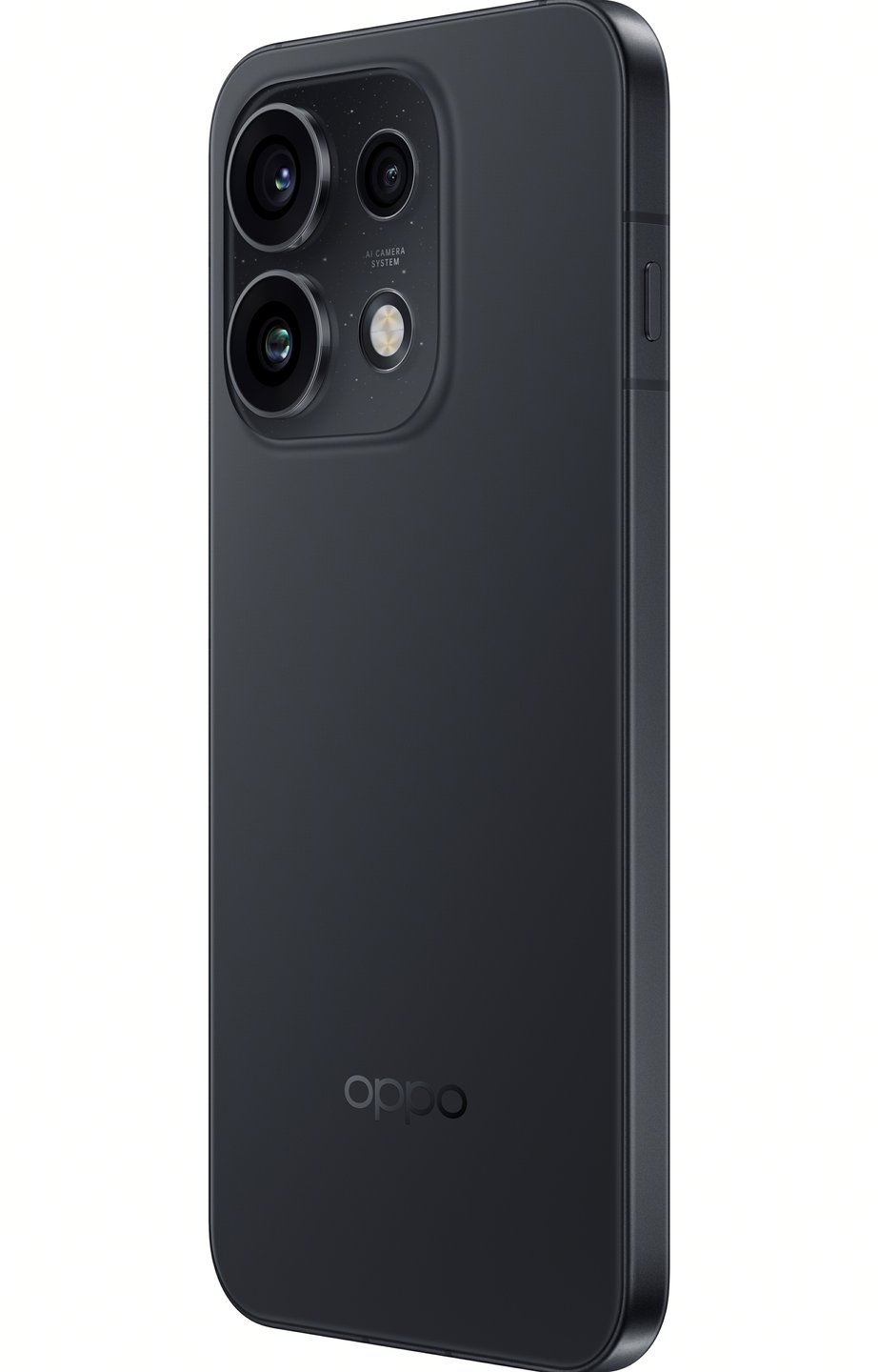 Retro di uno smartphone nero con sistema quad camera e logo Oppo.