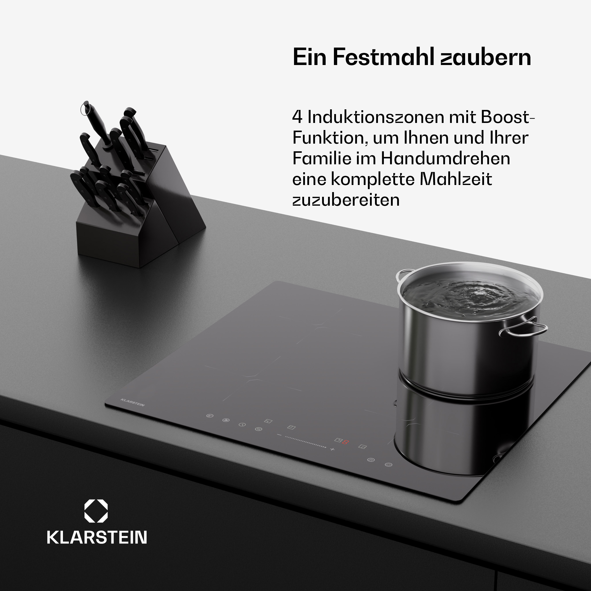 Ein Kochfeld mit Topf und Messerblock. Ein Kochfeld mit Topf und Messerblock.