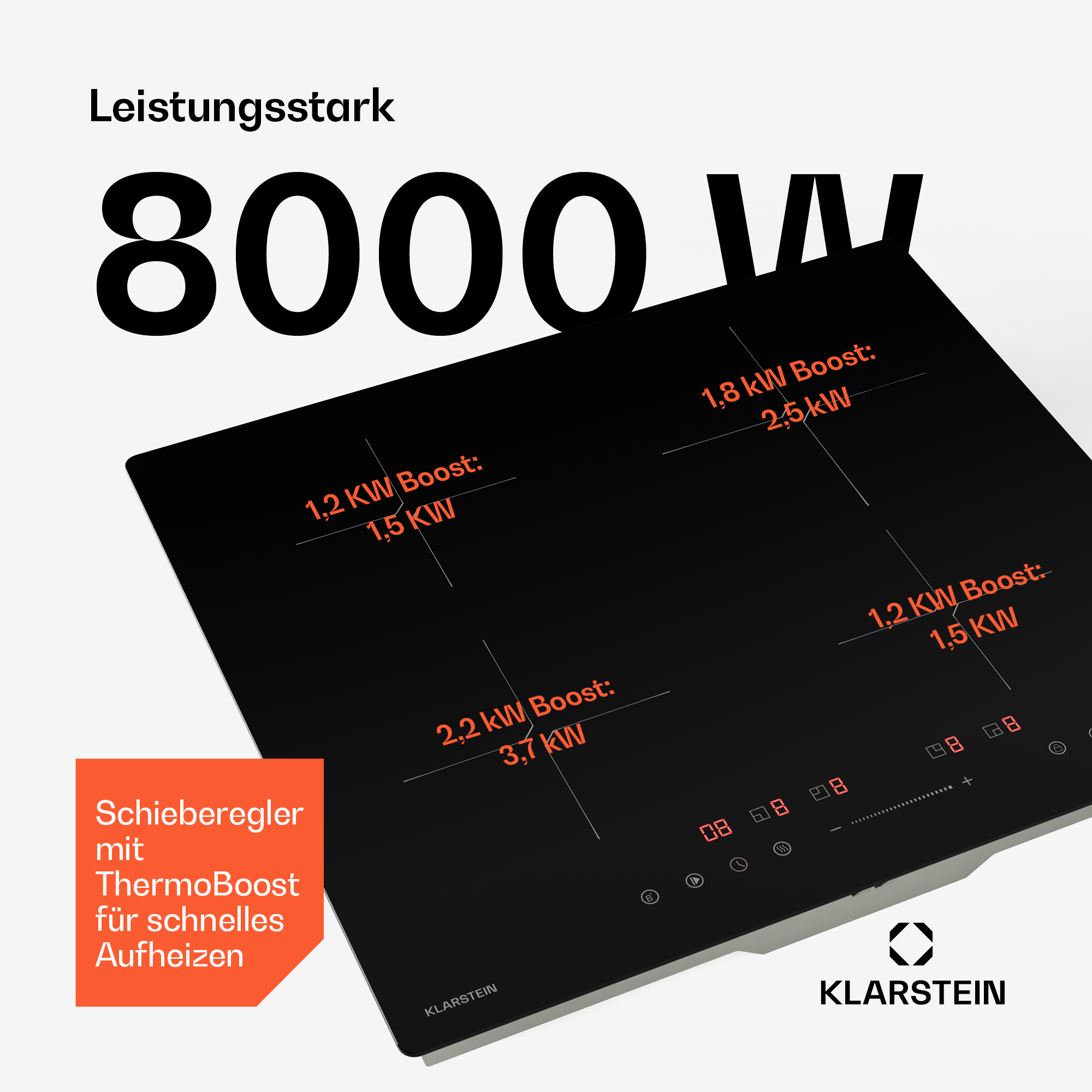 Eine schwarze Induktionskochplatte mit vier Kochzonen und Leistungsangaben.