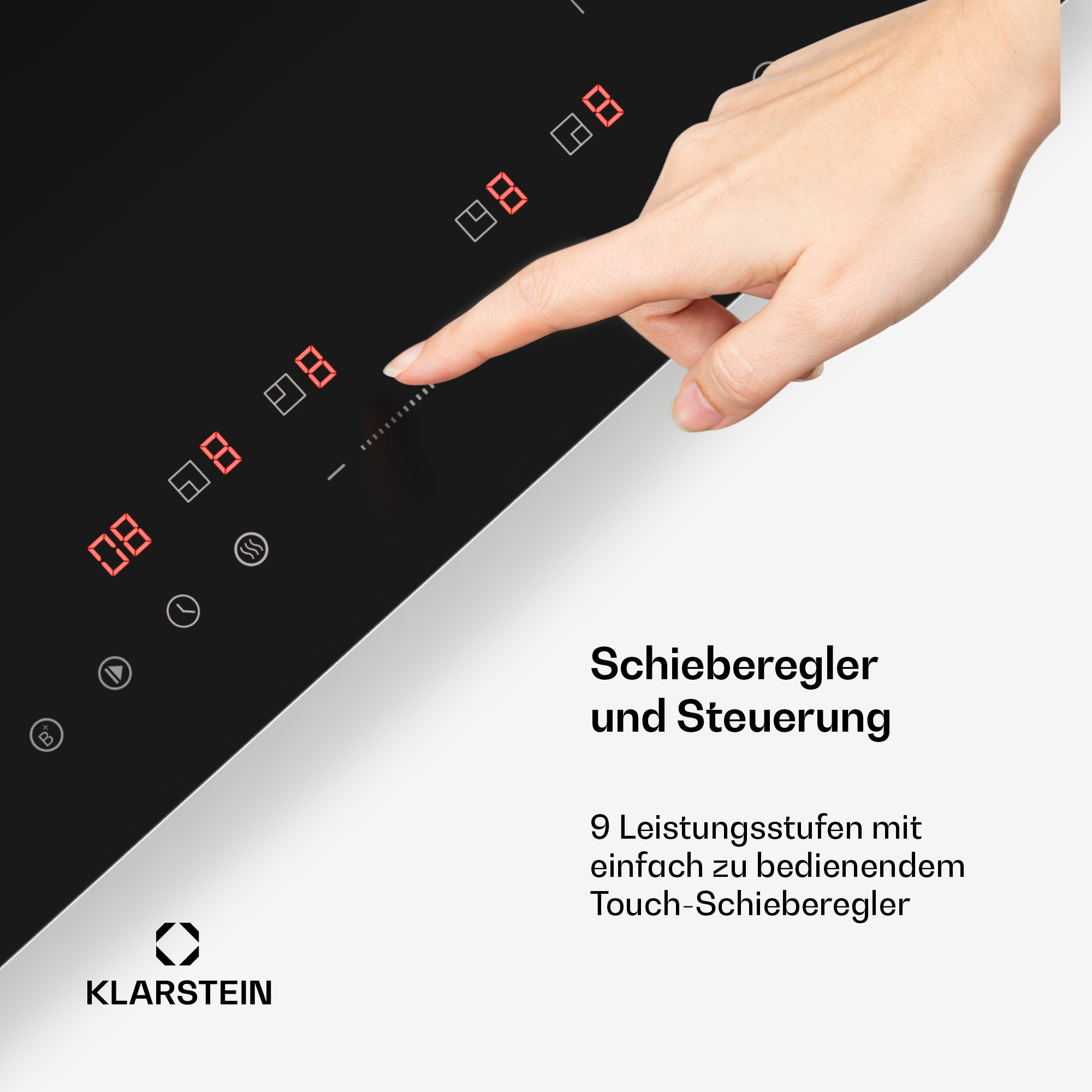 Eine Hand berührt das Bedienfeld eines Kochfelds mit roten Ziffern.