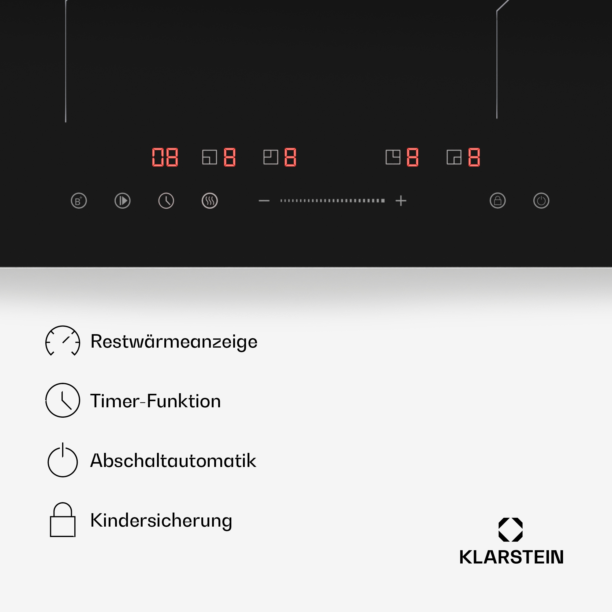 Kochfeld mit roten Digitalanzeigen, Symbolen und Bedienelementen.