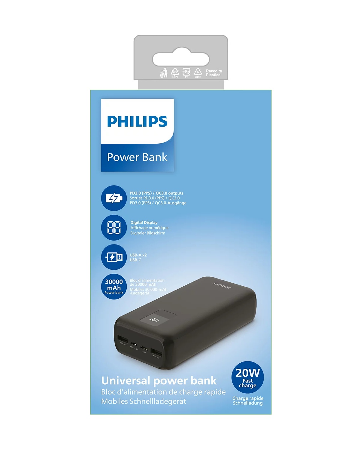 30000 mAh, 20W hızlı şarj ve dijital ekranlı siyah Philips powerbank.