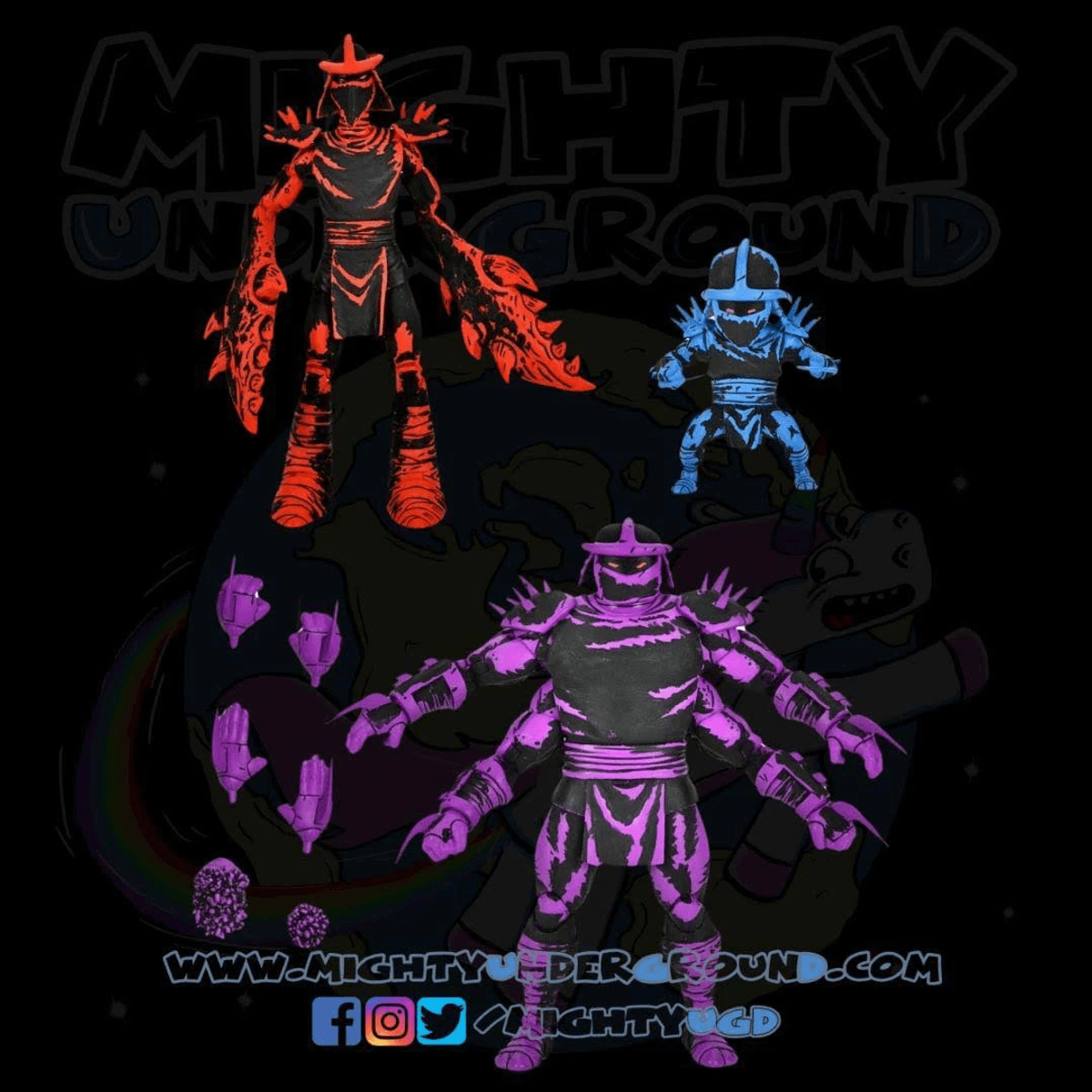 Tres figuras: roja, azul y púrpura/negra. Fondo con mapa mundial y arcoíris.