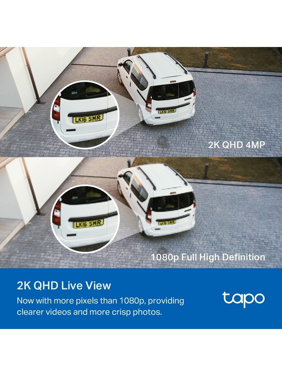 Dos imágenes muestran un coche blanco con matrícula. Arriba 2K QHD 4MP, abajo 1080p HD.
