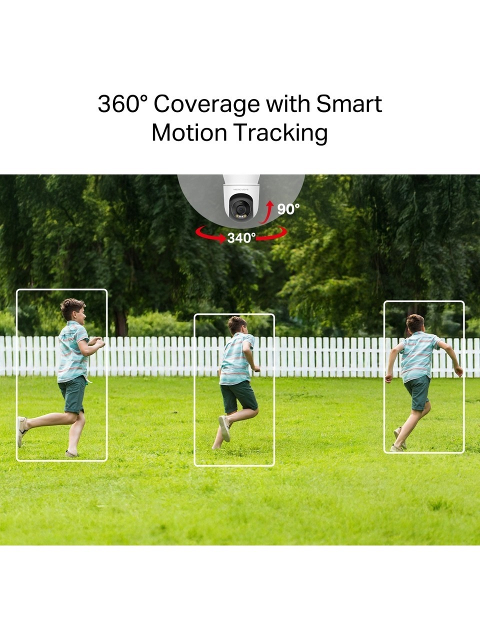 A boy runs across a green lawn with a white fence. Security camera details shown.