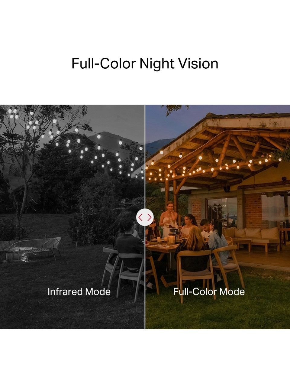 Split screen shows Infrared vs Full-Color Night Vision of people dining outdoors.