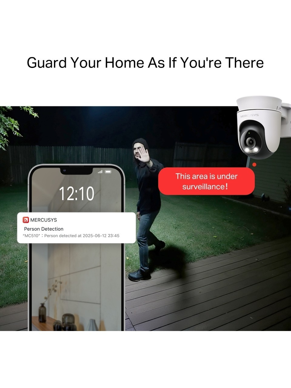 A surveillance camera captures a person in the yard at night.