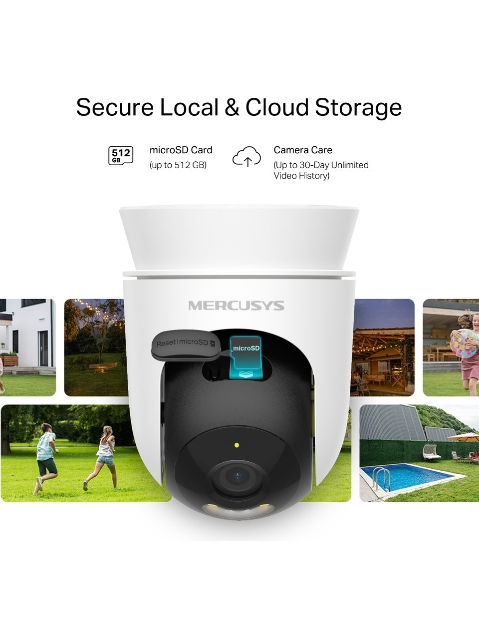 MERCUSYS camera with microSD slot, featuring local and cloud storage options.