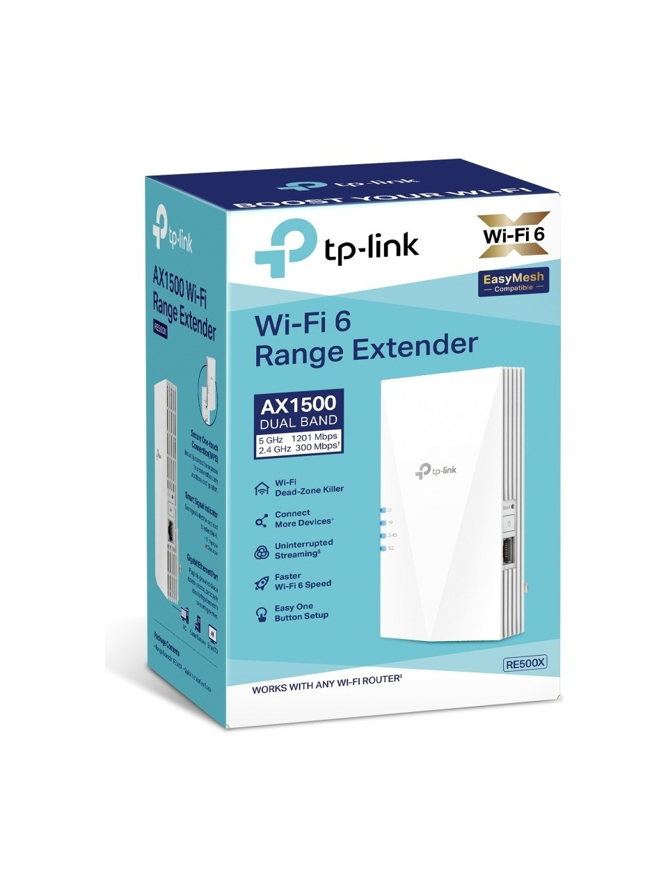 Verpackung eines TP-Link AX1500 Dual Band Wi-Fi 6 Range Extenders.