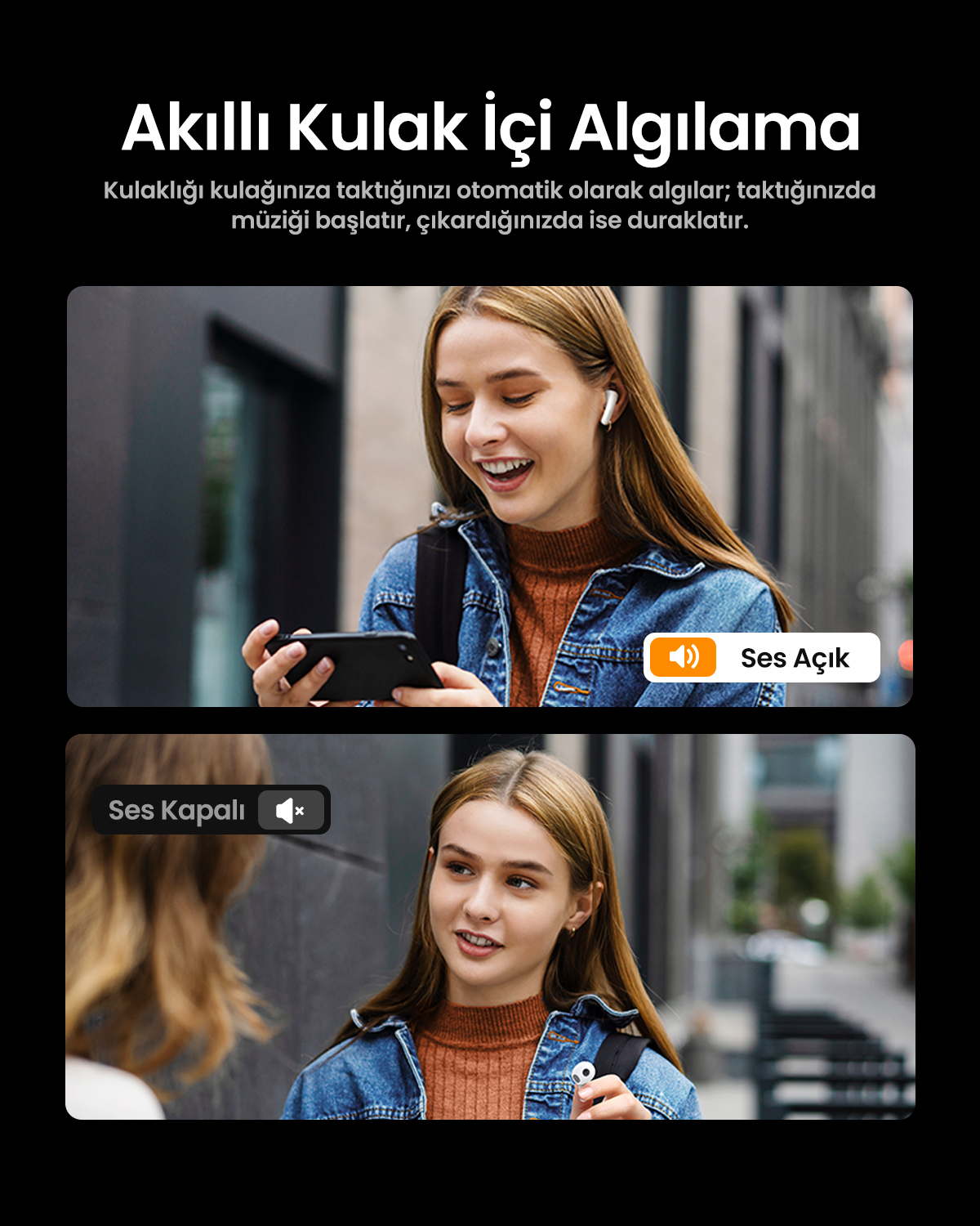 Kulaklıklı genç kadın, biri telefon tutuyor, diğeri konuşuyor.