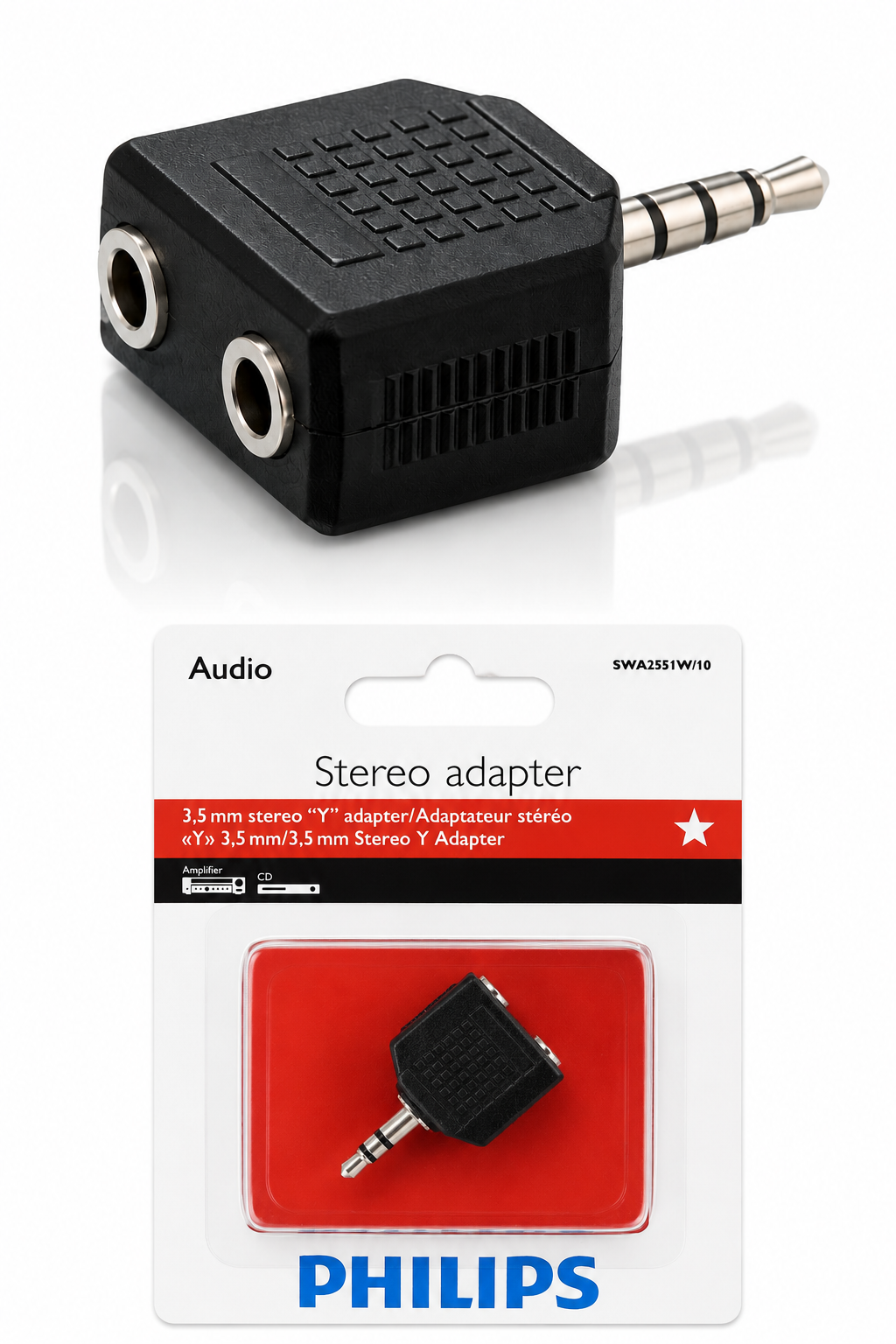 Beyaz zeminde 3,5 mm fişli ve iki soketli siyah stereo Y adaptörü.