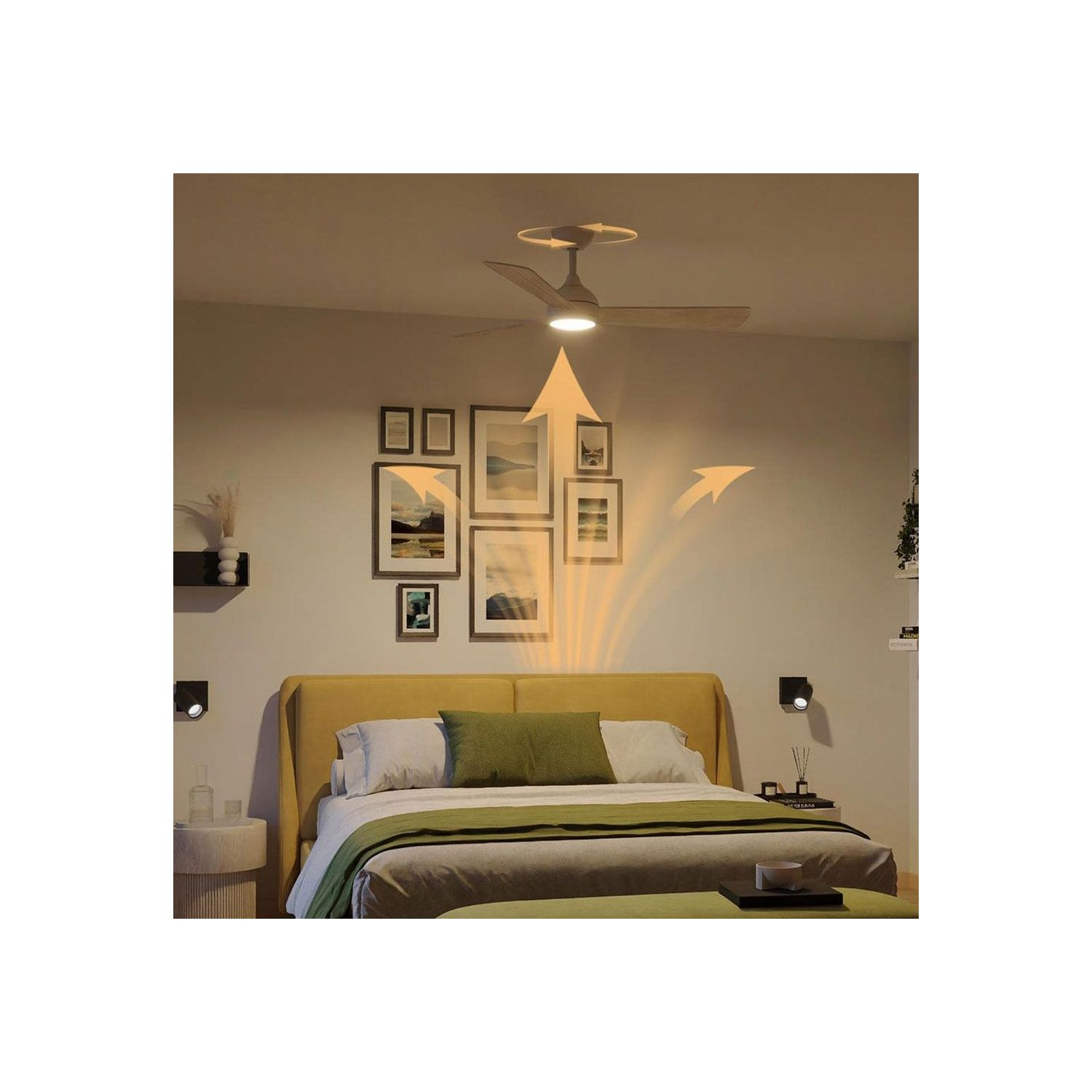 Una camera da letto con letto, ventilatore a soffitto e arte murale. Frecce di flusso d'aria visibili.