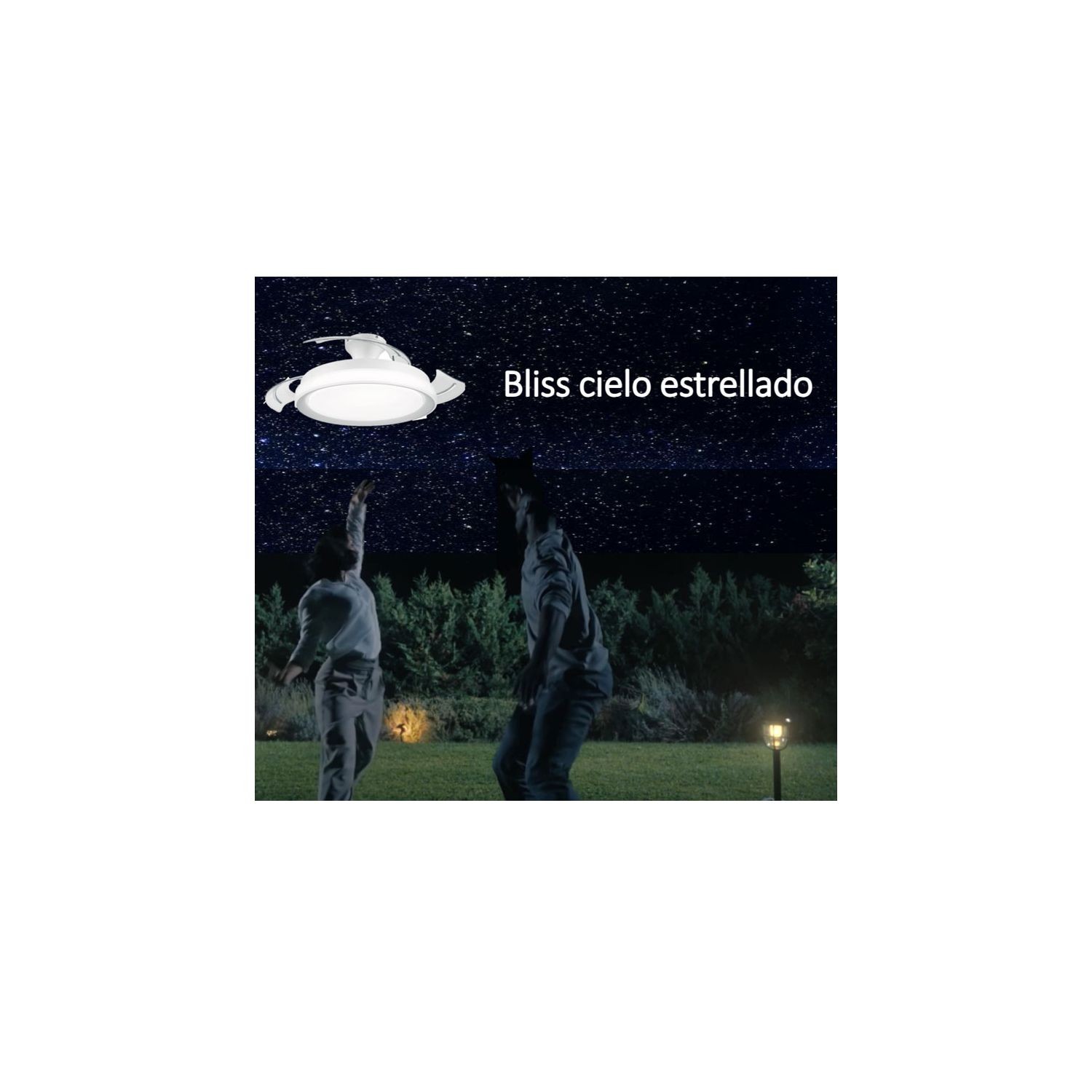 Un lampadario bianco fluttua contro un cielo stellato. Due persone sono su un prato.