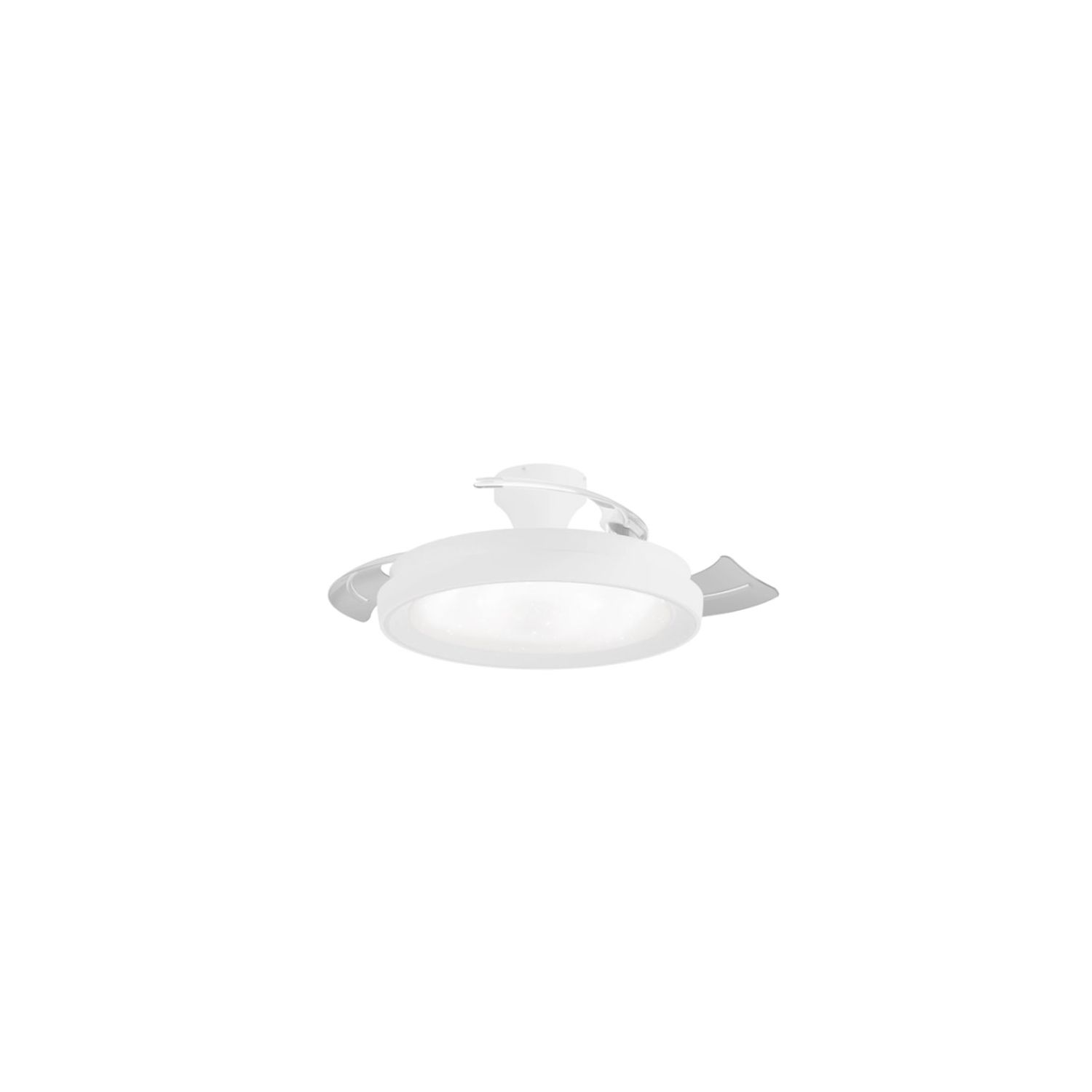 Un ventilatore da soffitto bianco con luce e pale retrattili.