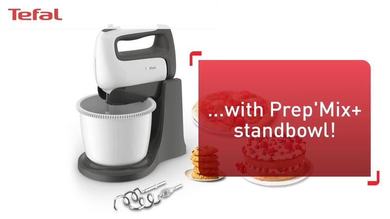 Batidora Tefal con bol, pastel y galletas en la imagen.