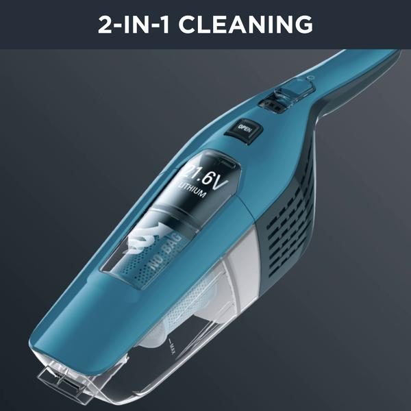 Aspirapolvere blu portatile con batteria al litio da 21,6V.
