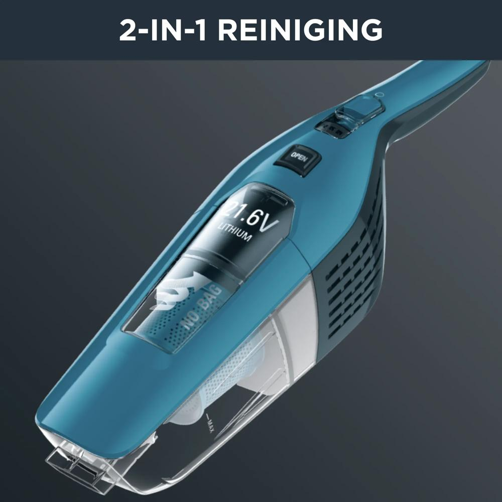 Aspirapolvere portatile blu senza fili con serbatoio polvere trasparente e display 21,6V.