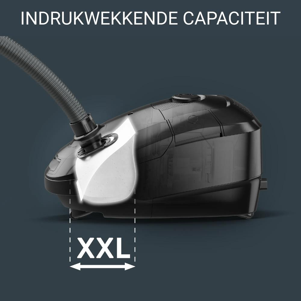 Czarny odkurzacz z wężem, podświetlony pojemnik XXL.