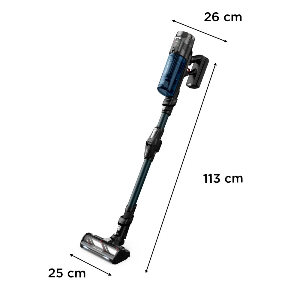Un aspirapolvere senza fili blu e nero, alto 113 cm.
