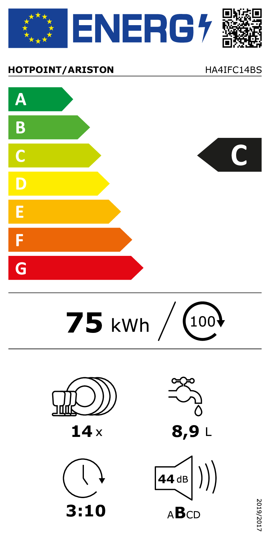 Etichetta energetica per lavastoviglie Hotpoint/Ariston, classe C.